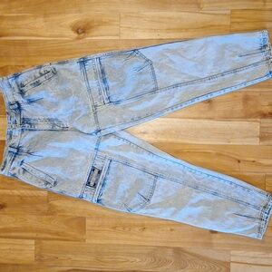 Vintage Bugle Boy Stone Wash High Waisted Cotton Denim Cargo Pants Size 33L Blue